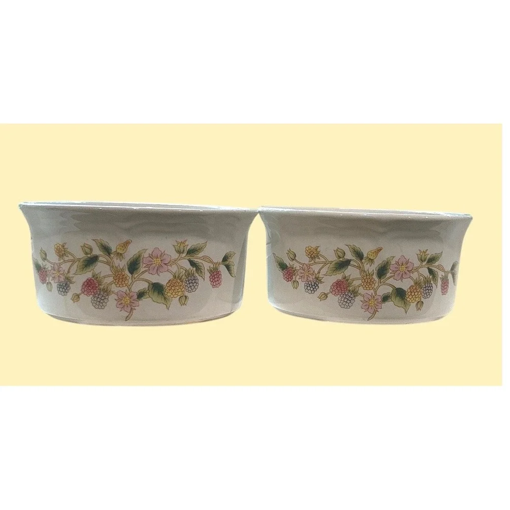 Vintage Floral Berry Ceramic Ramekin Set Scalloped Edge Souffle Bowls White 2pc